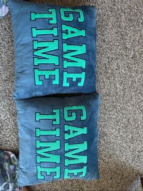 Game Time Decorative Pillow Pair - Teal Lettering on Blue/Grey soft fuzzy fabric